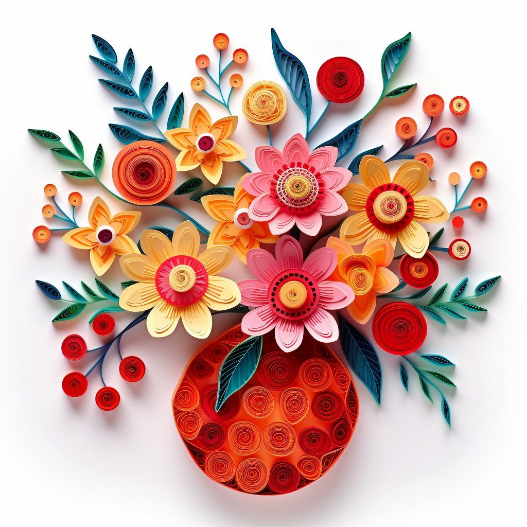A completed quilled flower vase, with all quilled shapes glued in place and the glue drying.