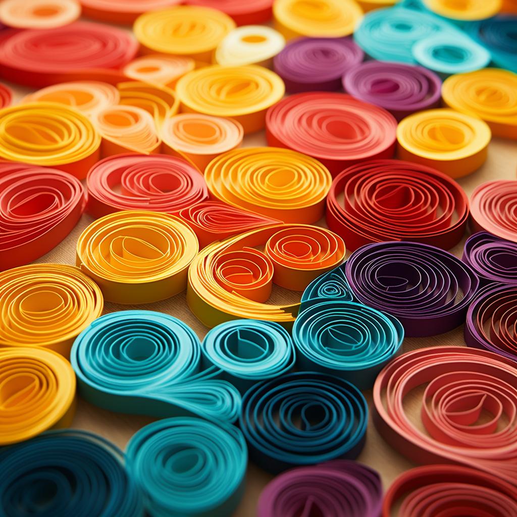 Different colored quilling papers spread out on a table