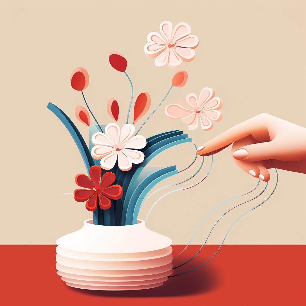 Hand applying glue to the back of a quilled shape and pressing it onto the vase base.