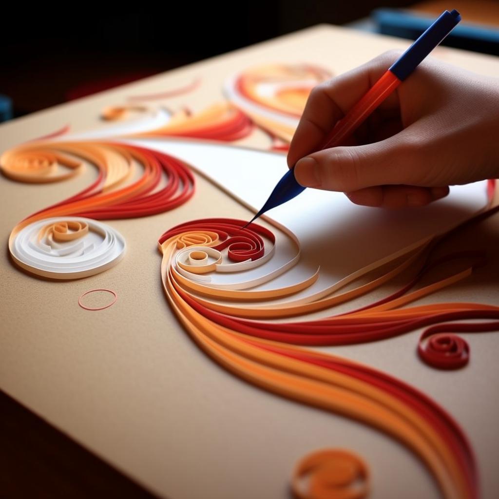 A small dab of glue being applied to the end of a quilled paper strip