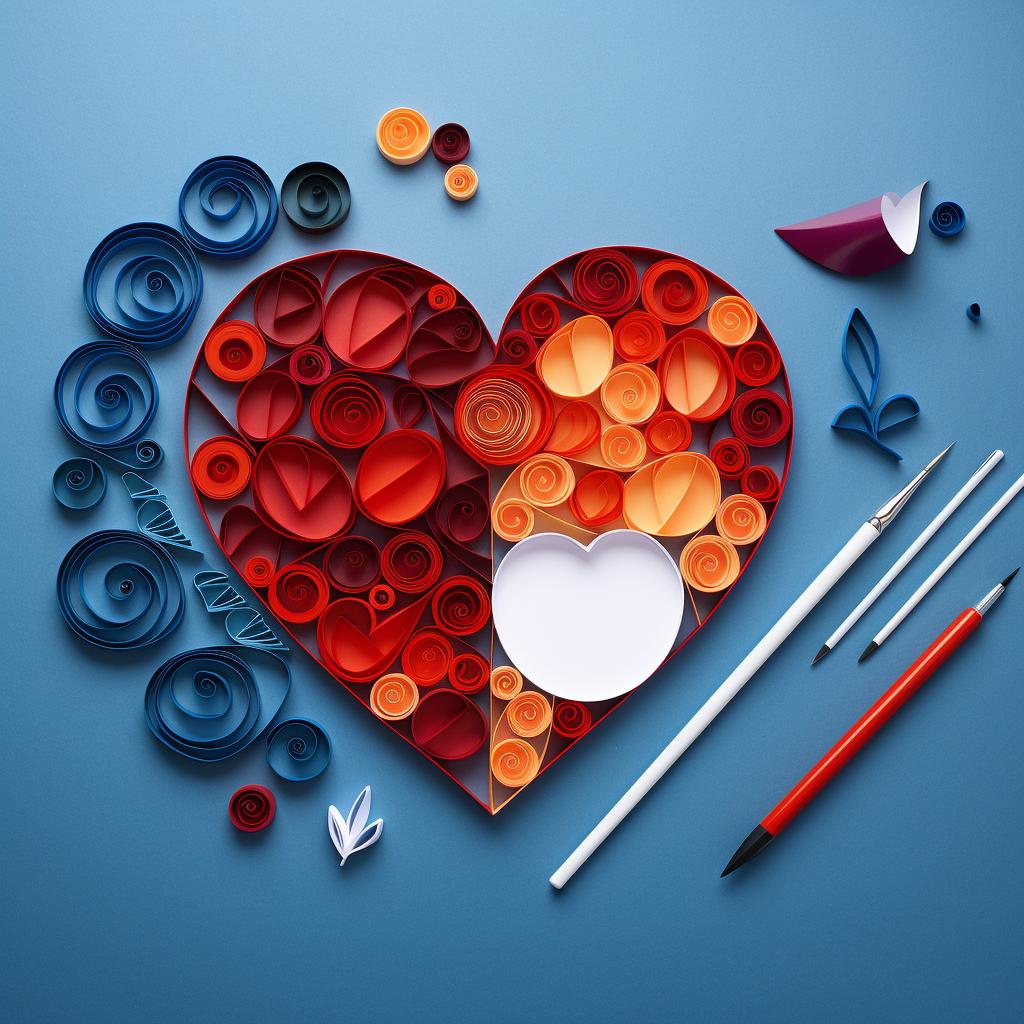 A quilled heart on cardstock next to quilling tools and paper strips