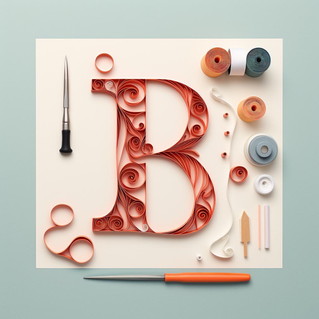 A quilled monogram on cardstock next to quilling tools and paper strips